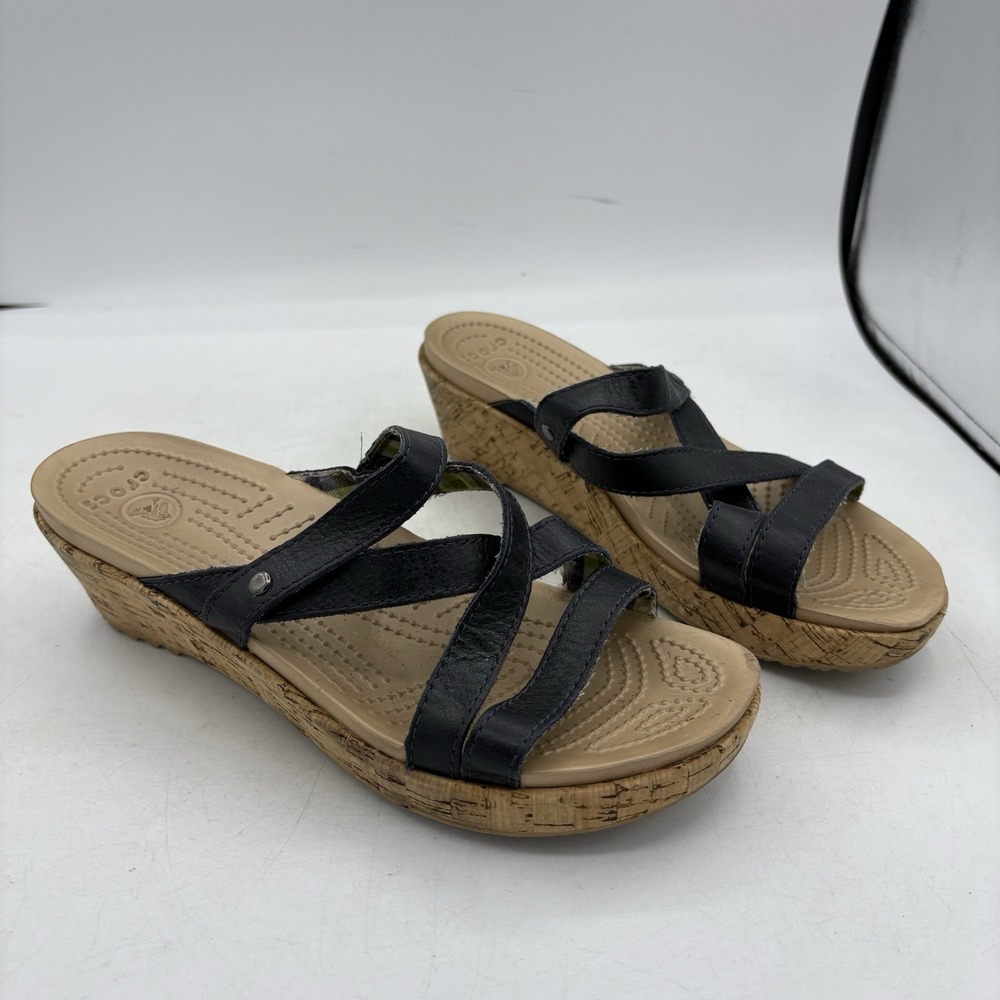 Crocs Sandals Womens Size 6 A-Leigh Strappy Cork Wedge Slide Black